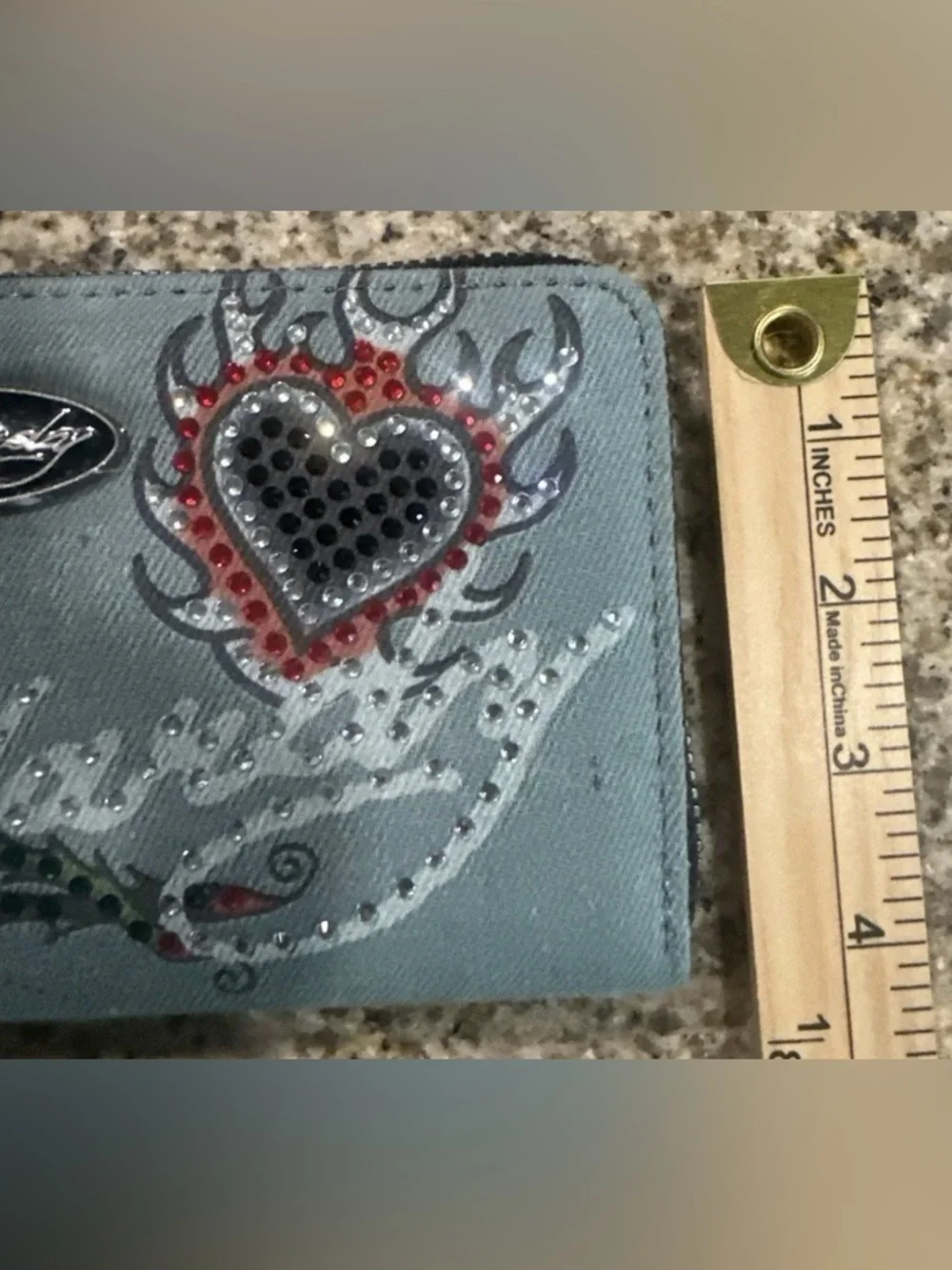Ed Hardy Denim Wristlet Wallet with Red Rose and Heart Embellishment